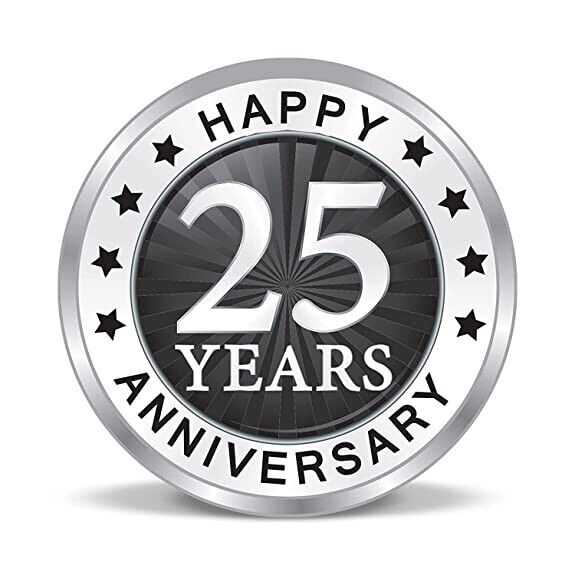 Round graphic that says Happy Anniversary 25 years in silver and black